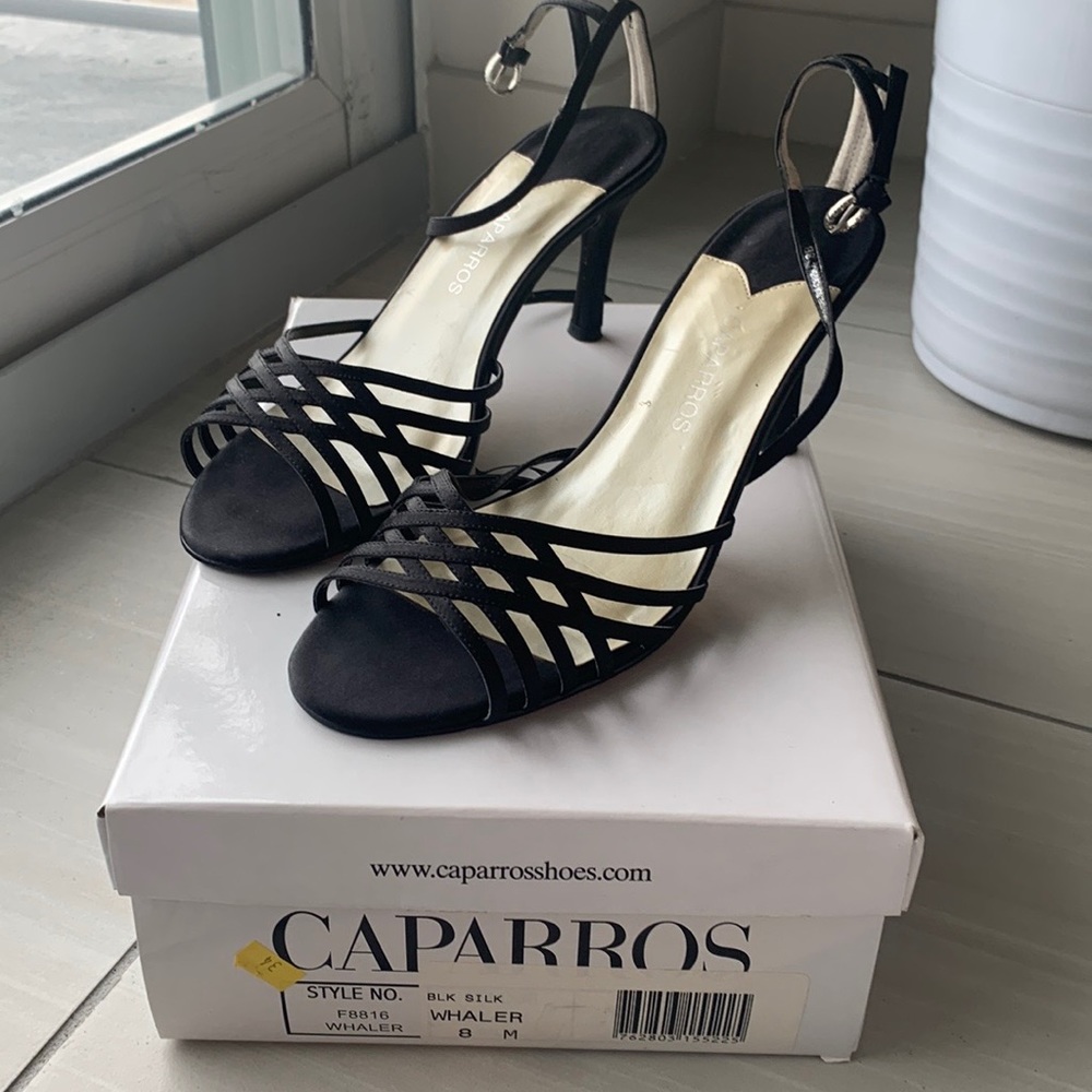 Caparros women’s black strap, he evening, sandals, size 8